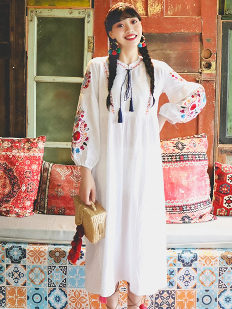 

Summer new women's dress retro ethnic embroidered tassel lantern sleeve cotton dress Bohemian beach dress