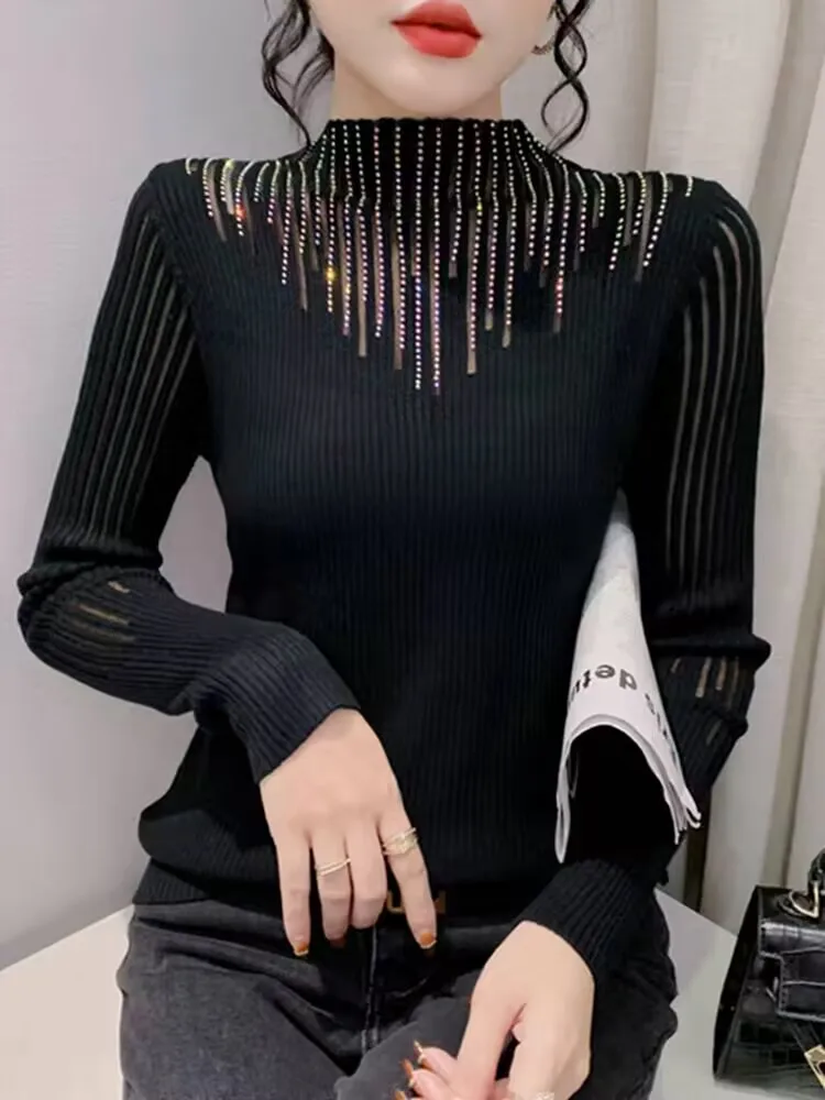 Полосатый комплект с бриллиантами женский осенне-зимний пуловер футболка