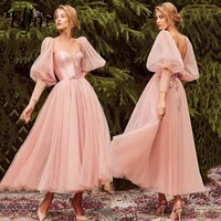 elfin fairy prom dresses sweetheart puff sleeves bohemian tea length blush pink party dress for graduation robe fete femme