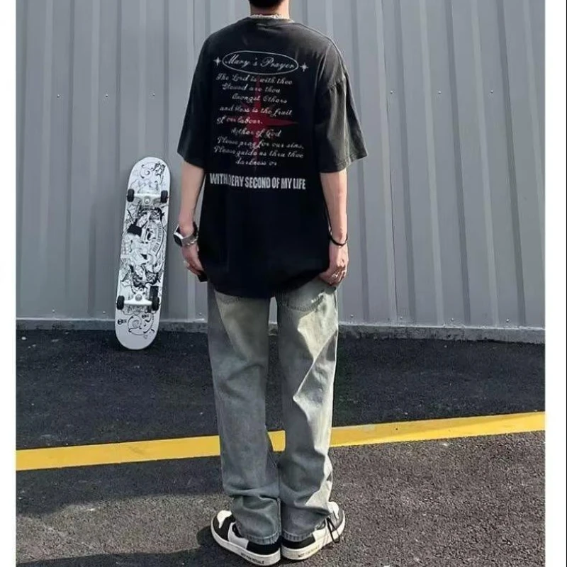 DEEPTOWN Ripped Motorcycle Jeans for Men Streetwear Denim Trousers Male Loose Casual Punk Printing Men's Youth Straight Hip Hop