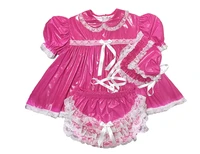 latest hot selling adult pvc lockable sissy pink doll neck bubble sleeve ruffle lace maid dress custom