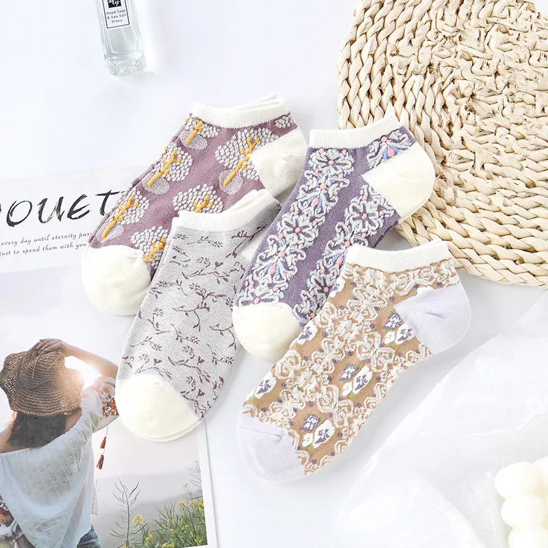 5 Pairs/lot Women Leopard Spring Sesame Street Cute Ankle Socks Cute Funny Lips Print Boat Short Sox Invisible Lady Girl Summer