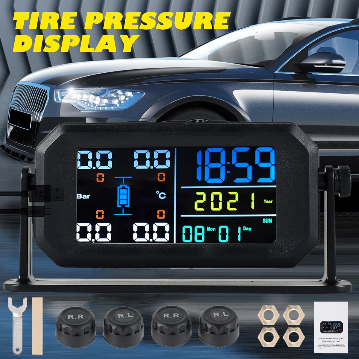 

Tire Pressure Monitoring System Solar&USB Powered Tire Pressure Monitor Waterproof Real-Time Tire Pressure Sensor for RV Trailer