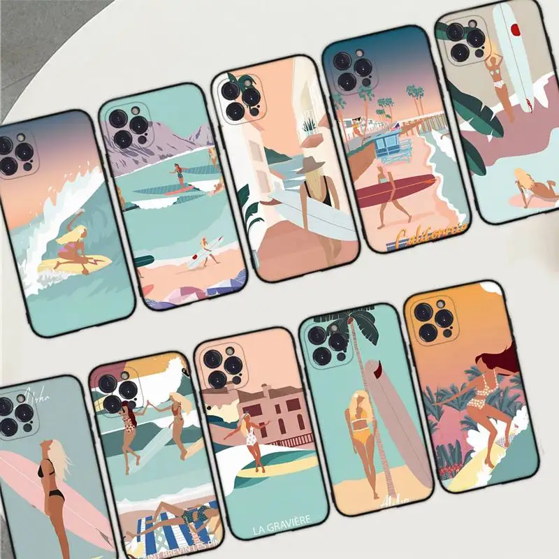 

YNDFCNB art surf Girl Phone Case For iPhone 14 11 12 13 Mini Pro Max 8 7 6 6S Plus X SE 2020 XR XS Funda Case