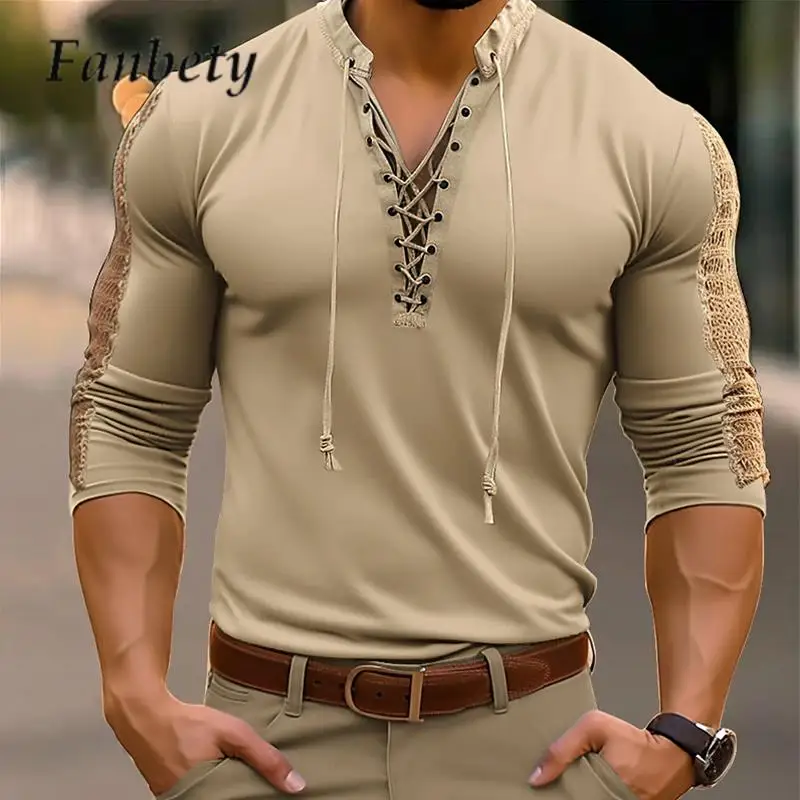 

Мужская винтажная футболка с длинным рукавом и воротником «Генри»