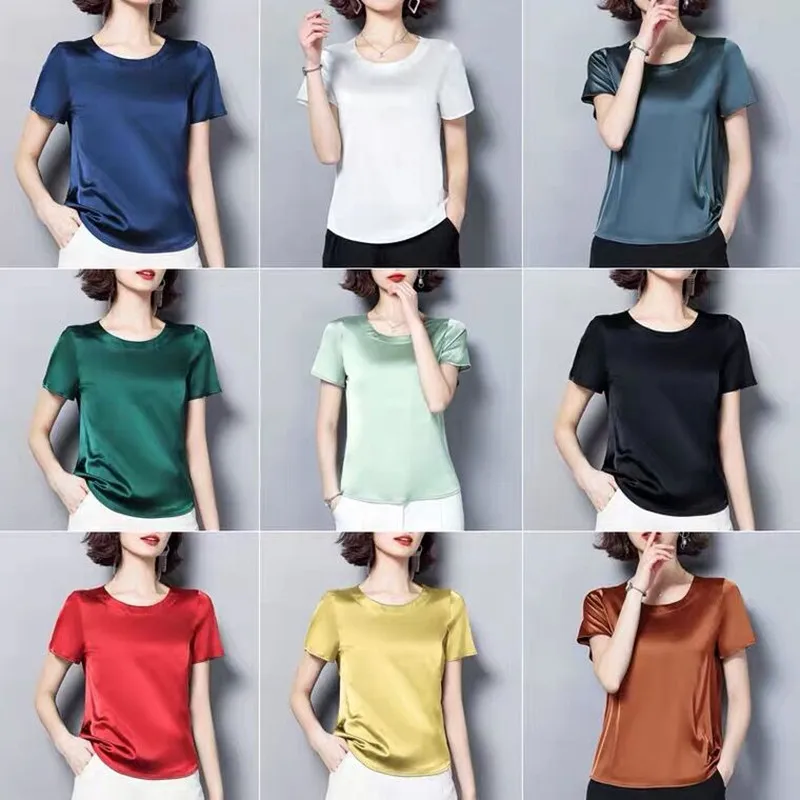

Summer Elegant Office Lady Acetate satin Blouse Female chiffon tops Vintage Artificial silk Short Sleeve O-neck Pullover Shirt