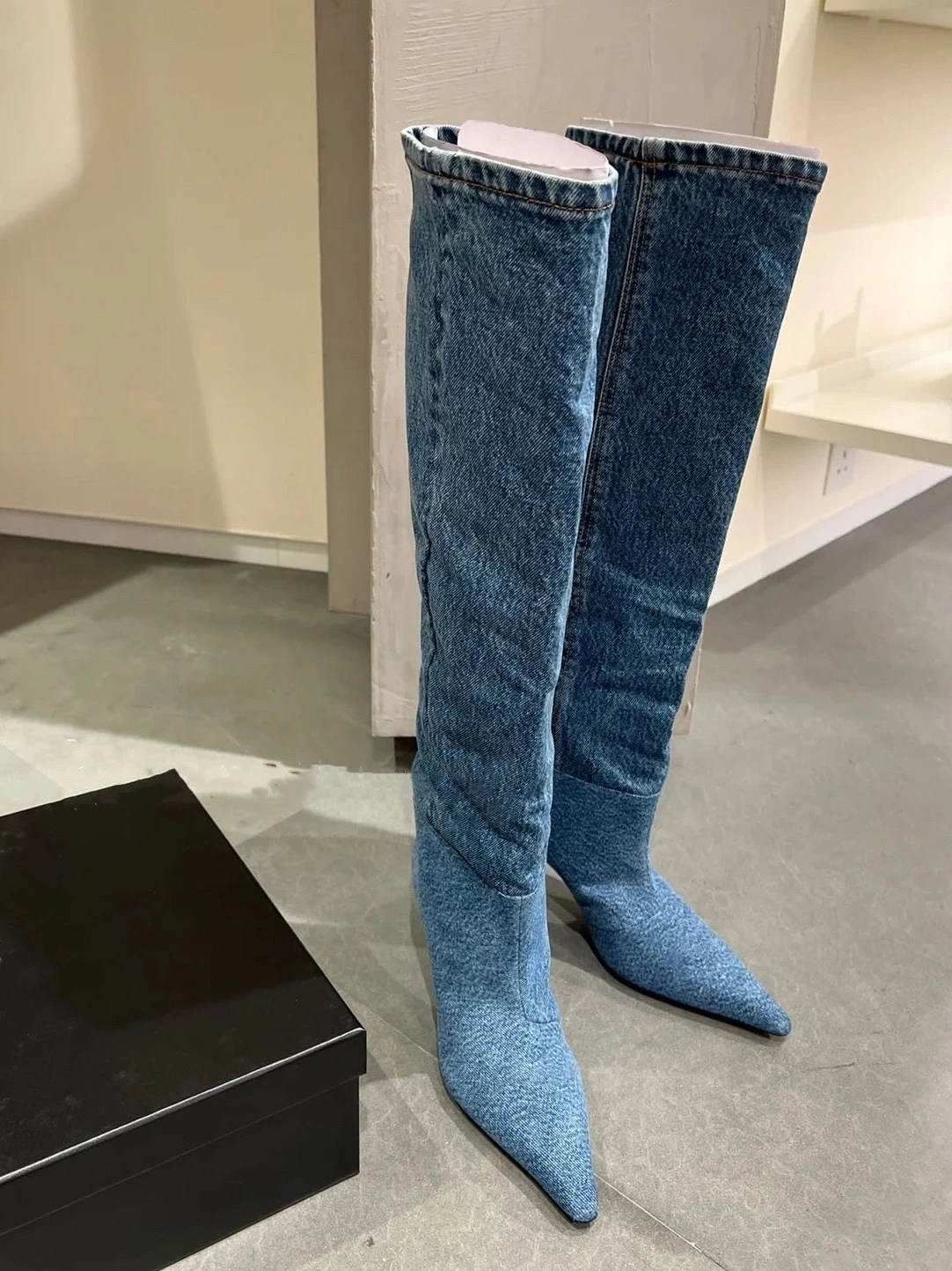 New Blue Denim Knee High Boots Pointed Toe Stiletto High Heels Slip-On Women's Autumn Winter Shoes Loose Comfort Footwear