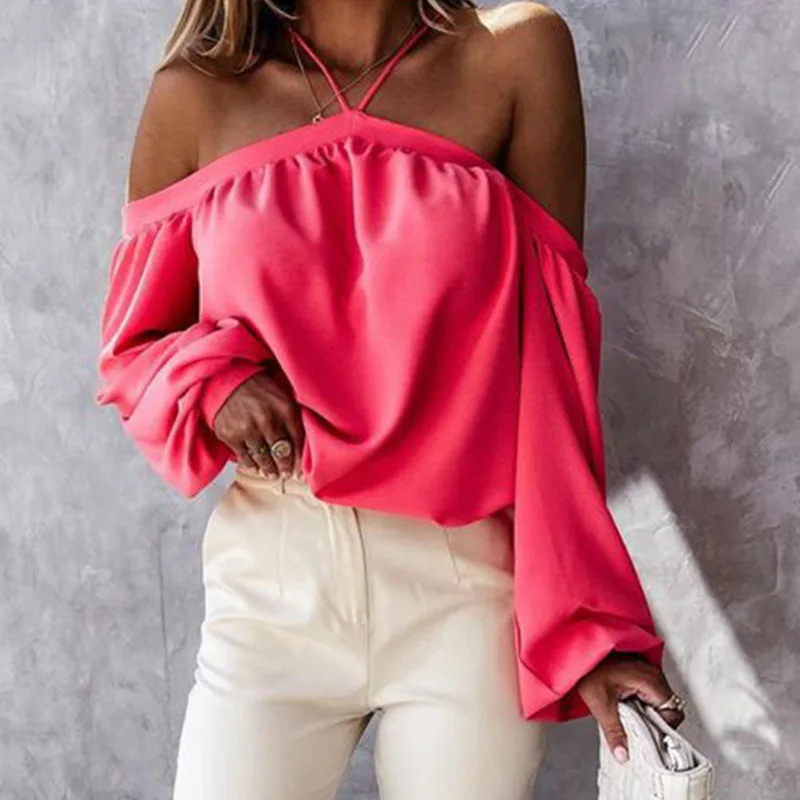 

Women's T-shirt Elegant Solid Long-sleeved Sexy Off-shoulder Halter Top Pullover 2023 New Spring Casual Ladies Hollow T-shirt