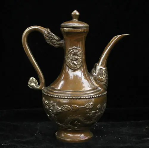 

Manked Old Chinese Dynasty Bronze Brass Dragon Beast Wine Tea Pot Flagon Statue
