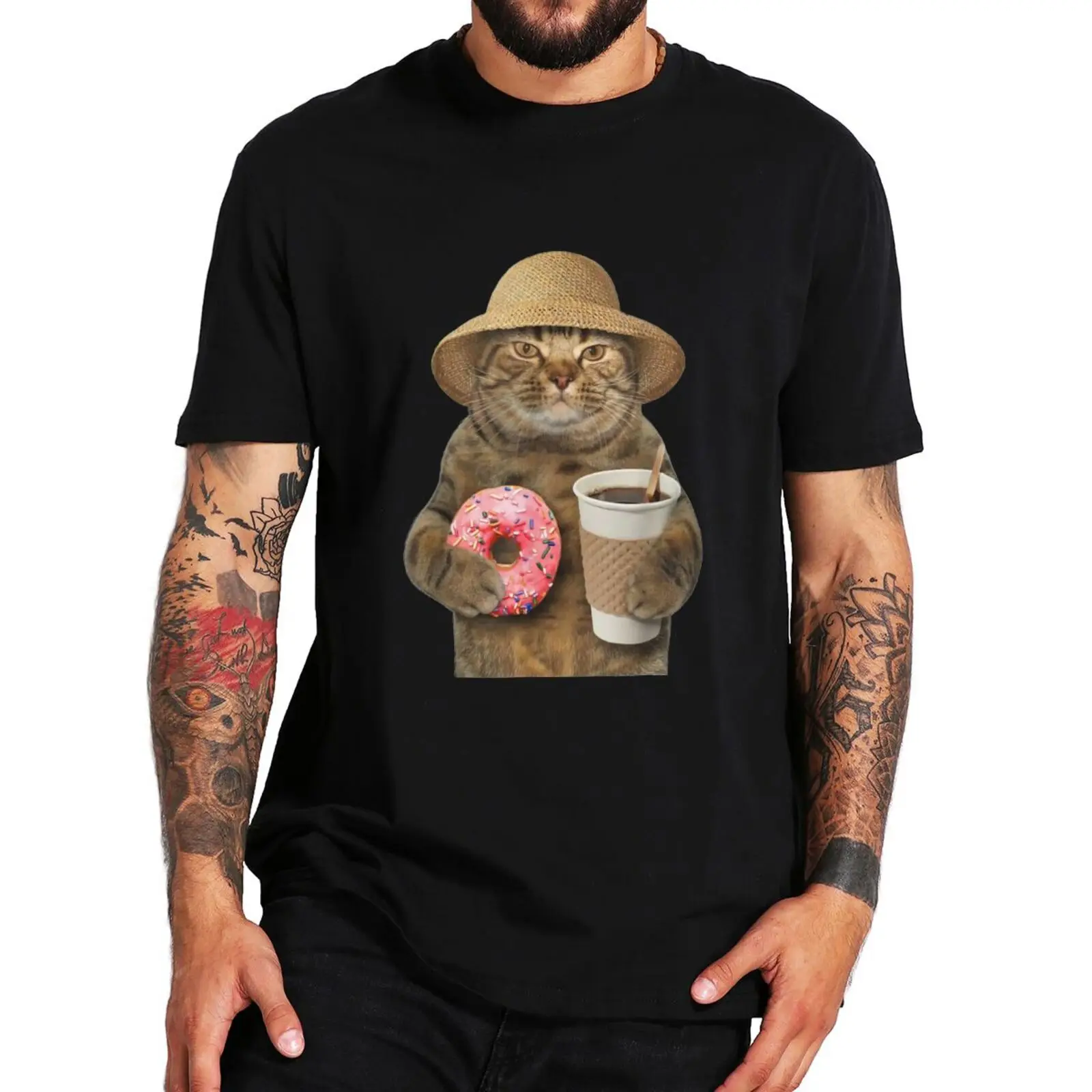 

Футболка с забавным котом с кофе и пончиками, милые подарочные футболки с животными, кошками для влюбленных, топы из 100% хлопка, мягкие футбол...
