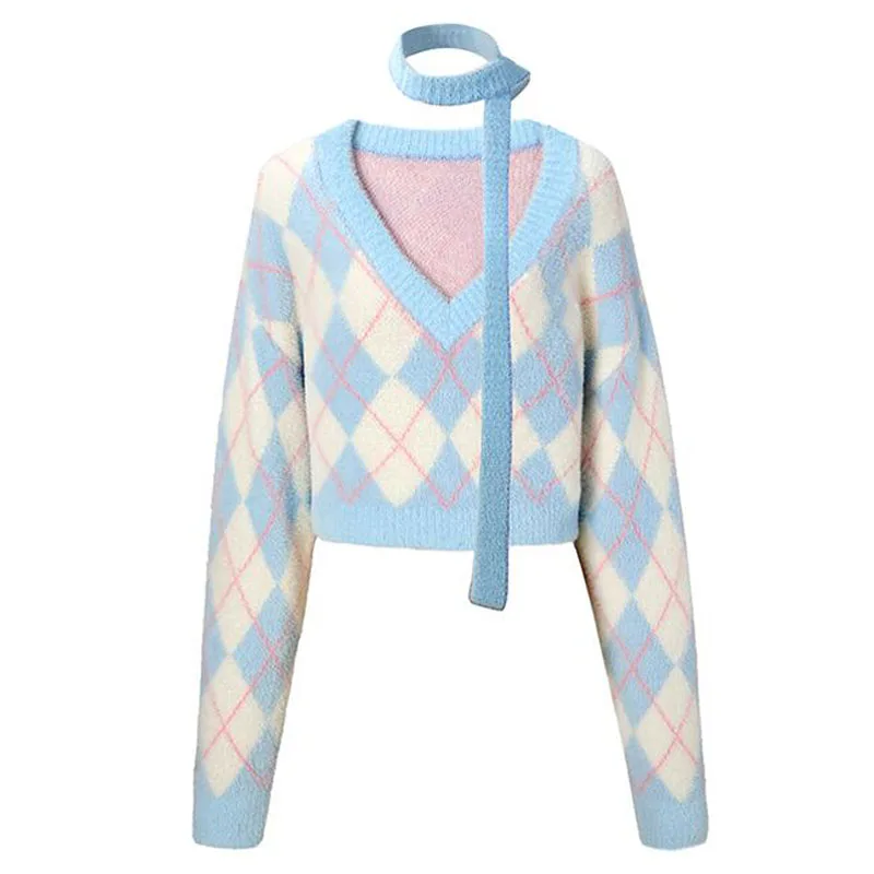 

Women Argyle Kawaii Cropped Pullovers Sweater Tender Design Retro Loose School Y2L Blusa Ulzzang Female College Cozy Young Tops