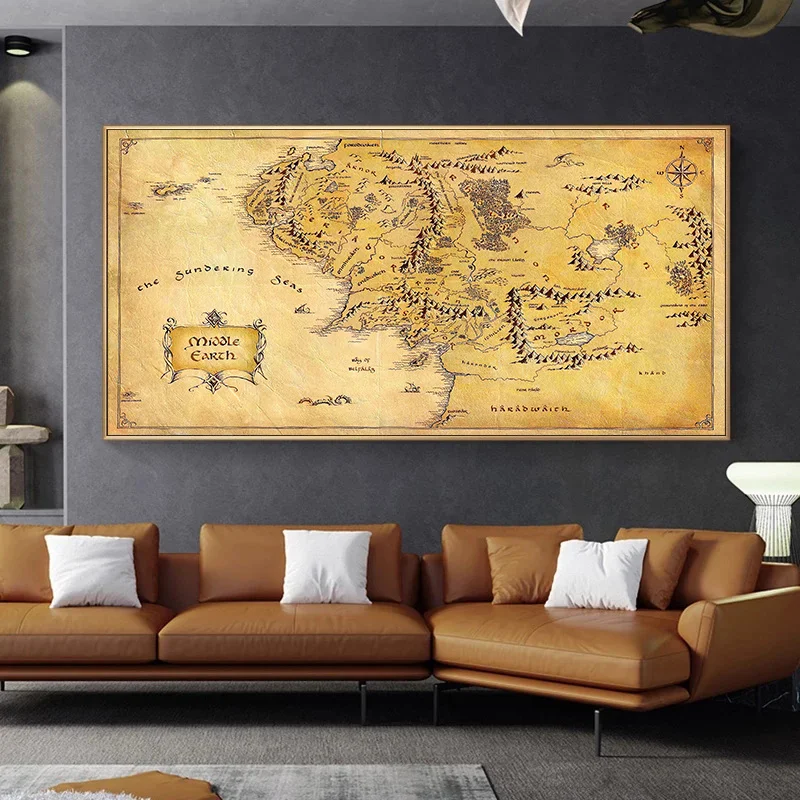 

Retro The-Lord-of-Rings Map Canvas Painting Vintage Middle-earth Map Poster Movie Wall Art Pictures for Home Living Room Decor