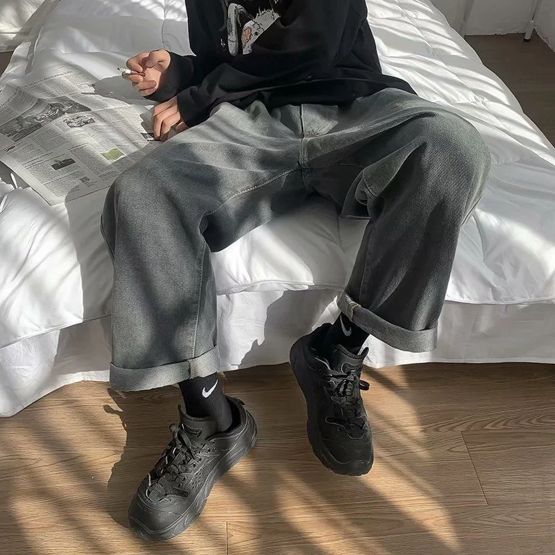 Blue Black Drawstring Jeans Men Fashion Retro Casual Wide Leg Jeans Mens Streetwear Loose Hip Hop Straight Denim Pants Men S-3XL