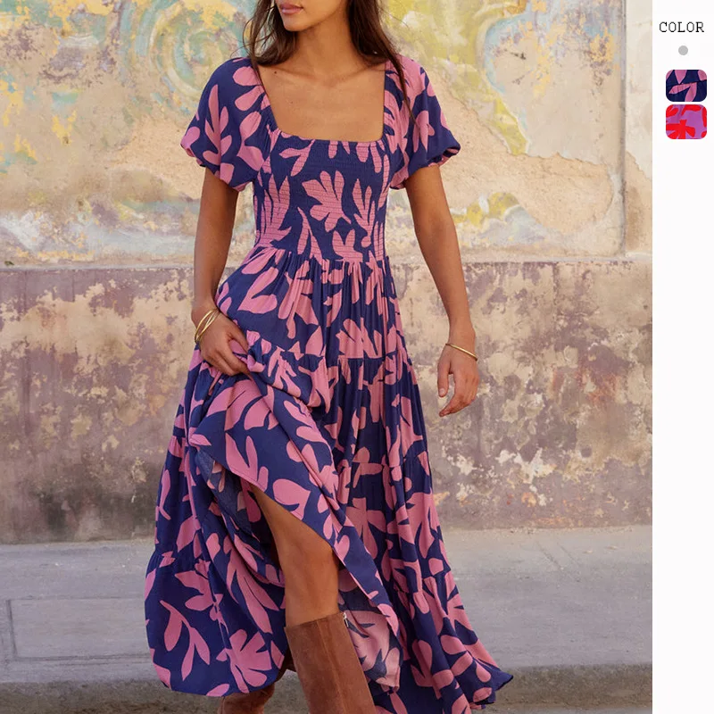 

Europe and the United States 2023 summer new print bubble sleeve A-line dress woman