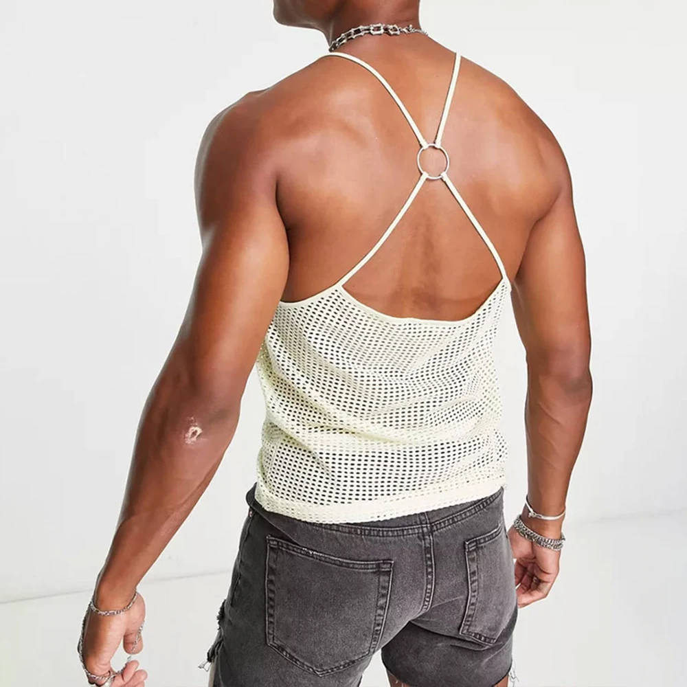 

New Sexy Slim Backless Vest Trendy Men's Loose and Versatile Hollow Cross Camisole Male Tank Top LGBT Genderless Mesh Clothing