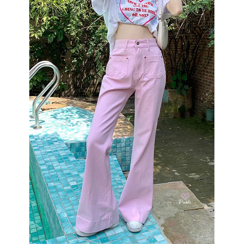 

STSVZORR Jeans Women's Loose Fit Versatile Y2K Straight Leg Pants Summer Vintage High Waist Slim Wide Leg Pink Pants