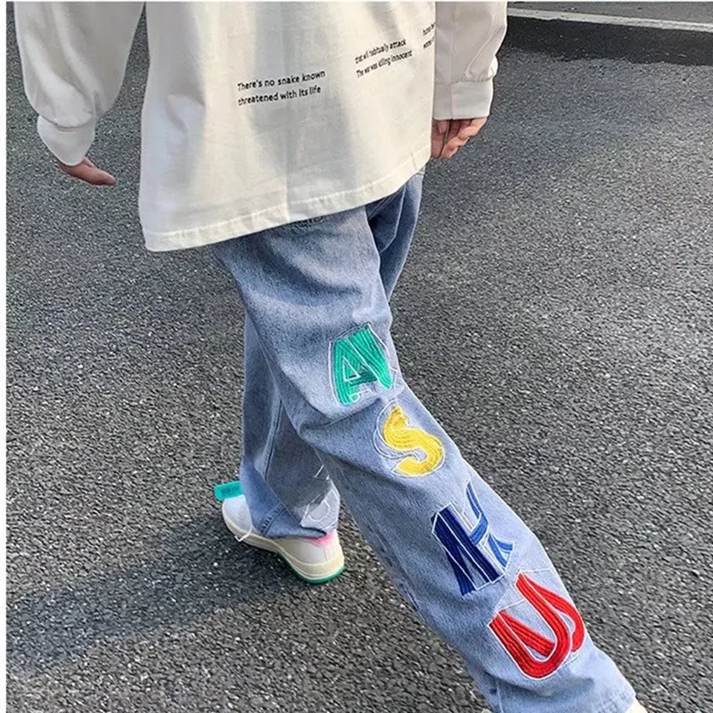2022 Vibe Style Letter Embroidery Straight Men Wide Jeans Trousers Hip Hop Punk Male Y2K Casual Denim Pants Baggy Pantalon Homme