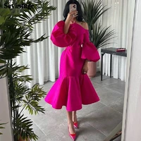 sevintage fuchsia satin mermaid midi evening dresses long sleeves party dress halter saudi women specail occasion prom gowns