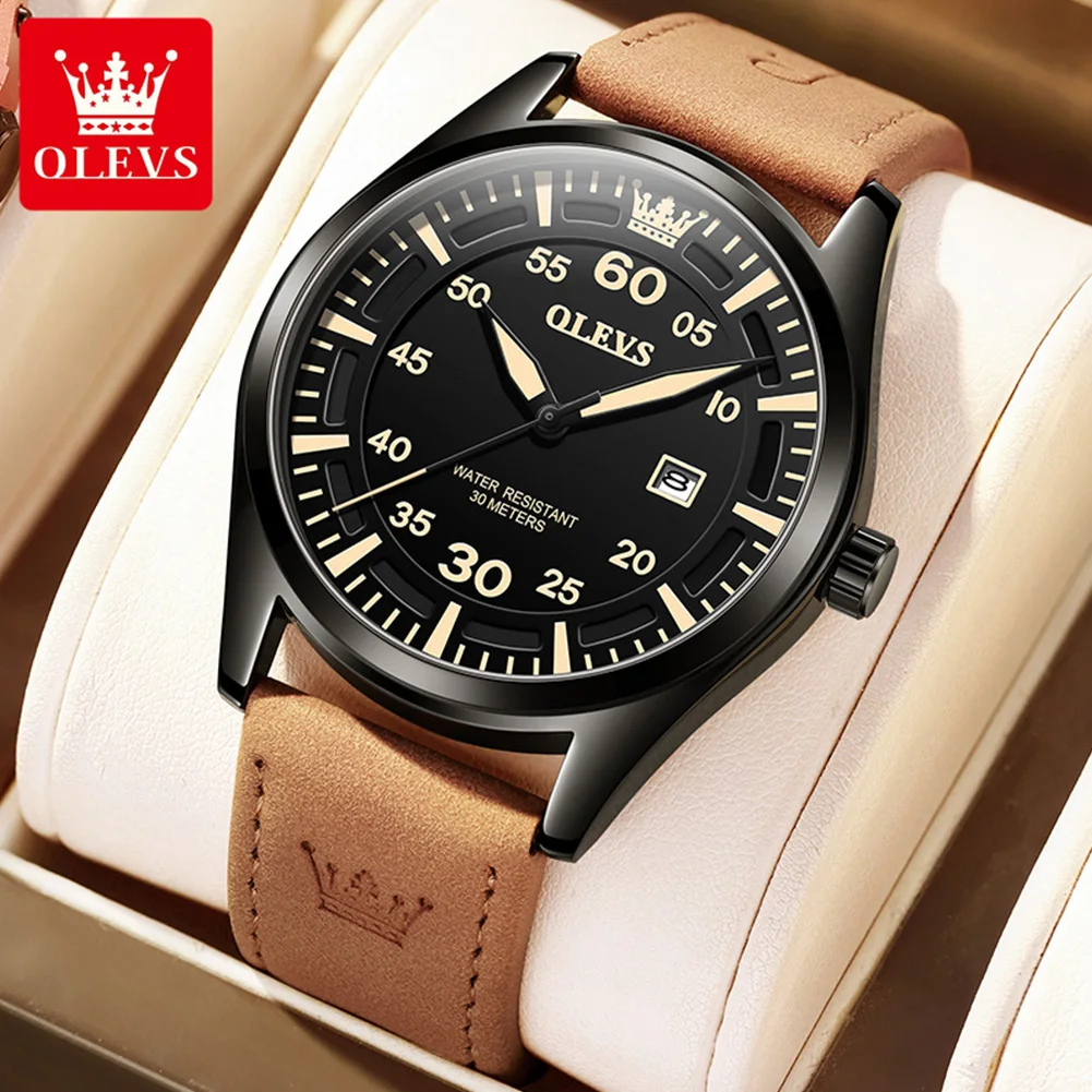 

OLEVS New In 9962 Quartz Watch for Men Brown Leather Strap Black Dial Fashion Casual Sport Men's Wristwatch Minimalist Man Watch