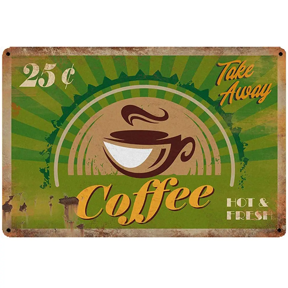 Оловянные металлические знаки в ретро-стиле для выноса горячего и свежего кофе, настенные плакаты | Толстая жестяная печать, настенное украшение для кафе/комплекта