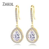 zakol trendy aaa teardrop cubic zirconia dangle hook earrings for women fashion bridal wedding jewelry accessories factory price