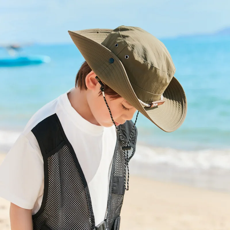 

Детская шляпа в Корейском стиле, крутая кожаная шляпа с ярлыком для мальчиков, защита от солнца и альпинизма, шляпа от солнца с большими полями для улицы, Рыбацкая шляпа от солнца