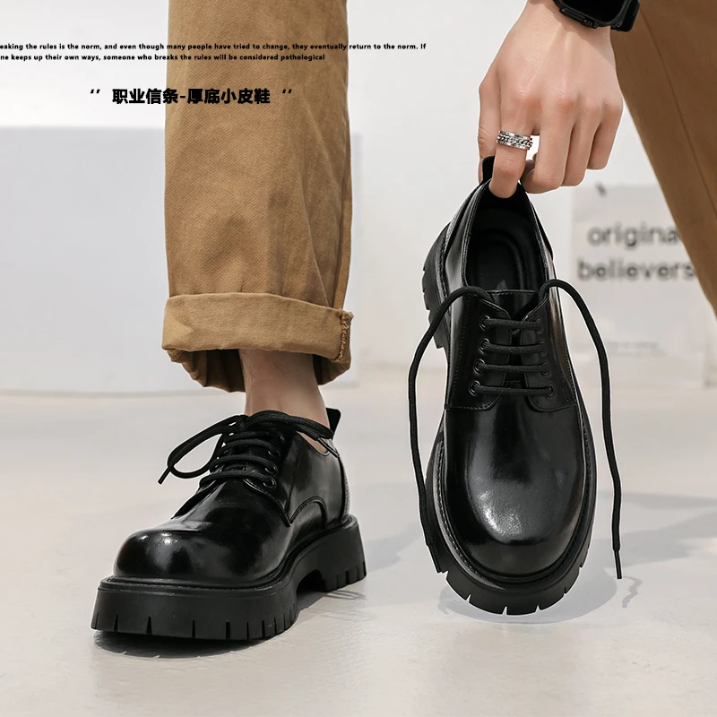 

Мужские кожаные туфли-оксфорды на платформе без застежки, толстые туфли-Дерби, повседневные лоферы, мужские Формальные туфли с круглым носком, модель B193, 2023