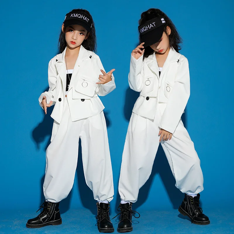 

White Kids Clothing Suits Street Dance Stage Costumes Modern Jazz Performance Outfit Girls Pants Tops BL5419