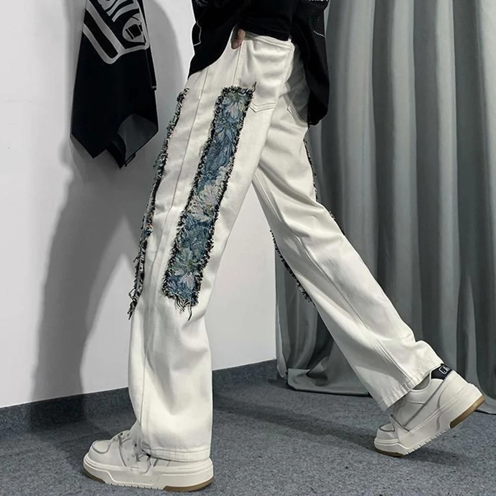 European and American High Street Vibe Jeans Mens New High-quality Patch Stitching Denim Trousers Y2k Niche Loose Straight Pants