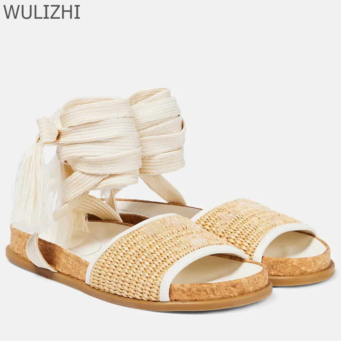 Gal Flat Sandals Rose Pink Embroidery Tassel-Tie Ankle Straps Rubber Outsoles Raffia Gladiator Casual Patchwork Round Toe Shoes