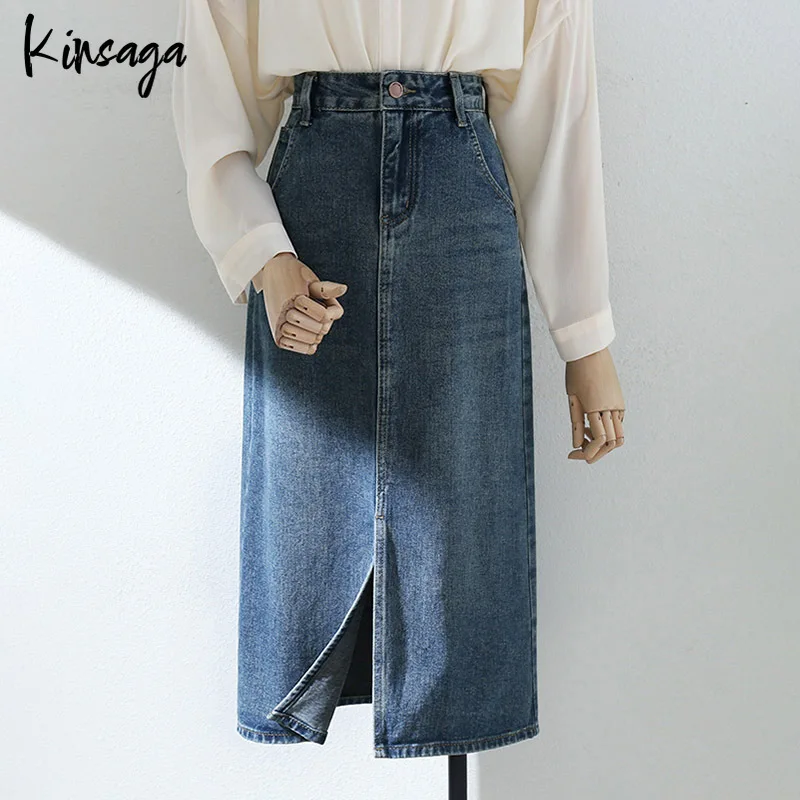 

Vintage Blue Front Split Midi Denim Skirts Women Korean Fashion High Waist Washed Straight Jean Skirt Casual Pocket Pencil Skirt