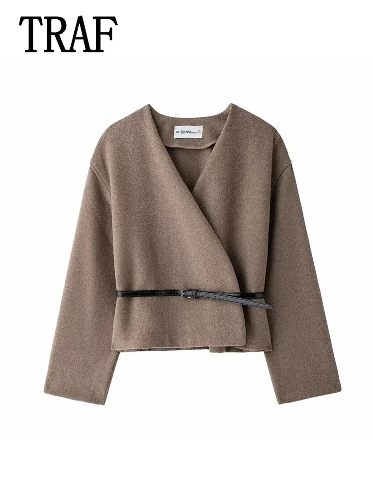 Женская укороченная куртка с длинным рукавом поясом