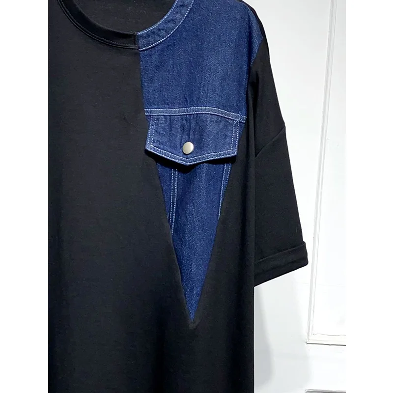 Korean Round Neck Patchwork Denim Plus Size Summer Black Versatile Short Sleeve Loose Mid Length Version T-Shirt Straight Dress