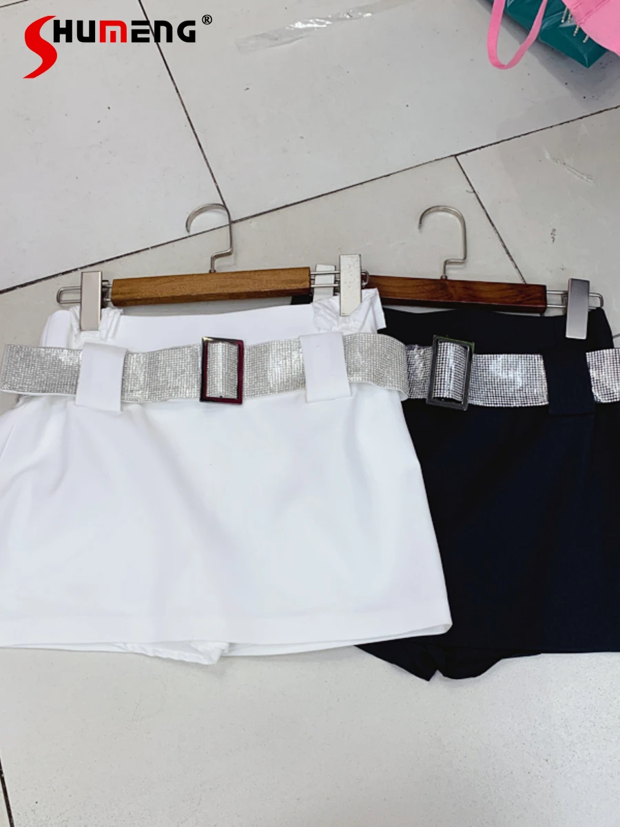 

Женская юбка с поясом Стразы, декоративная белая трапециевидная мини-юбка с высокой талией, шорты в Корейском стиле, лето 2022