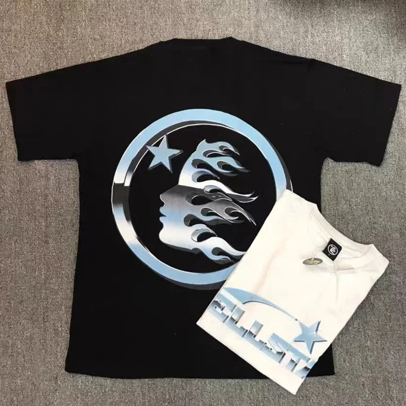 

Short Sleeve Hellstar Reflective Metal Stainless Steel Print Tee Men Women High Quality Cotton Black White Casual T-Shirt