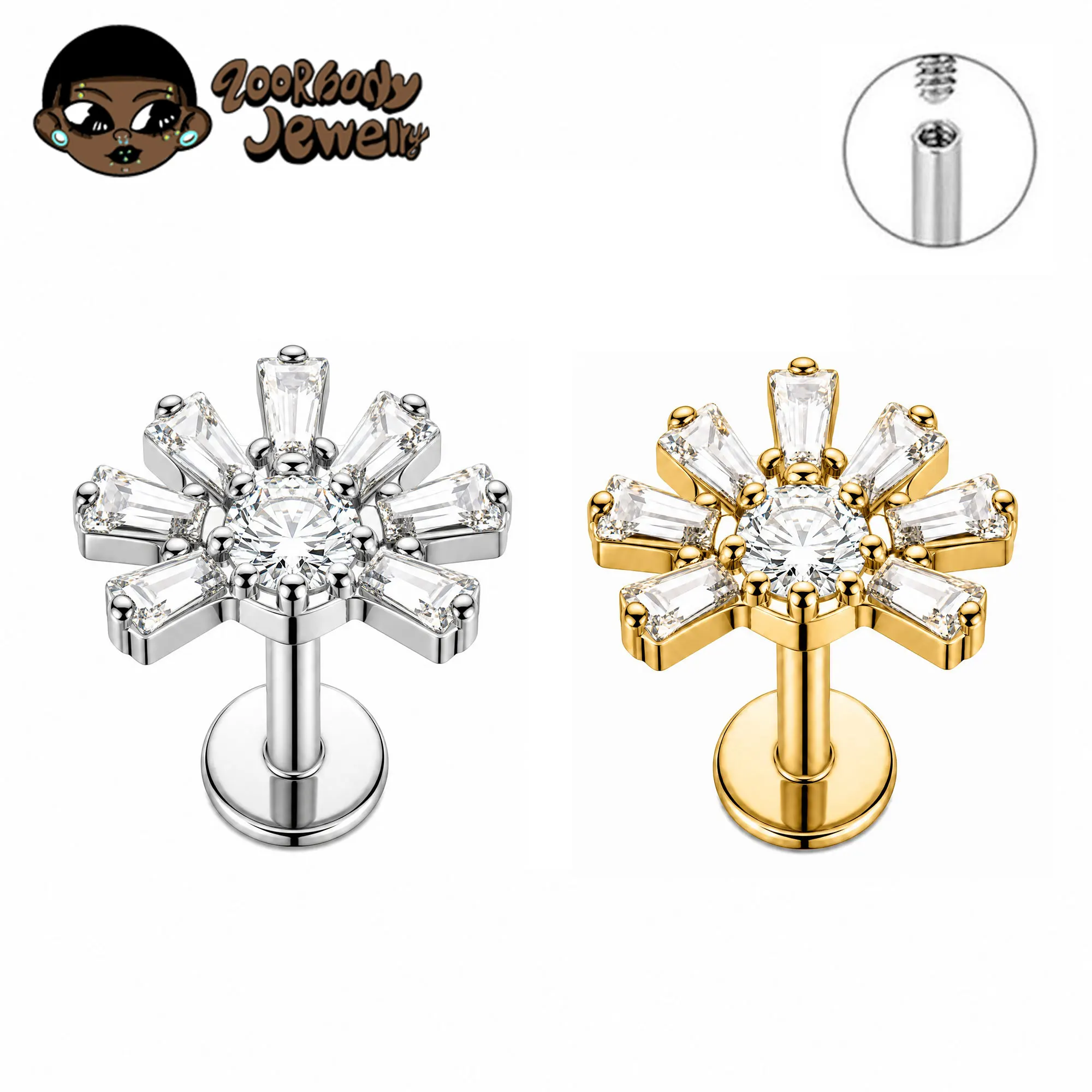 Фото Серьга-климбер ZOOR из титана ASTM F136 с квадратным фианитом, 16G, для пирсинга хеликса, трагуса, лабрета, с плоской задней частью, украшение для тела №1