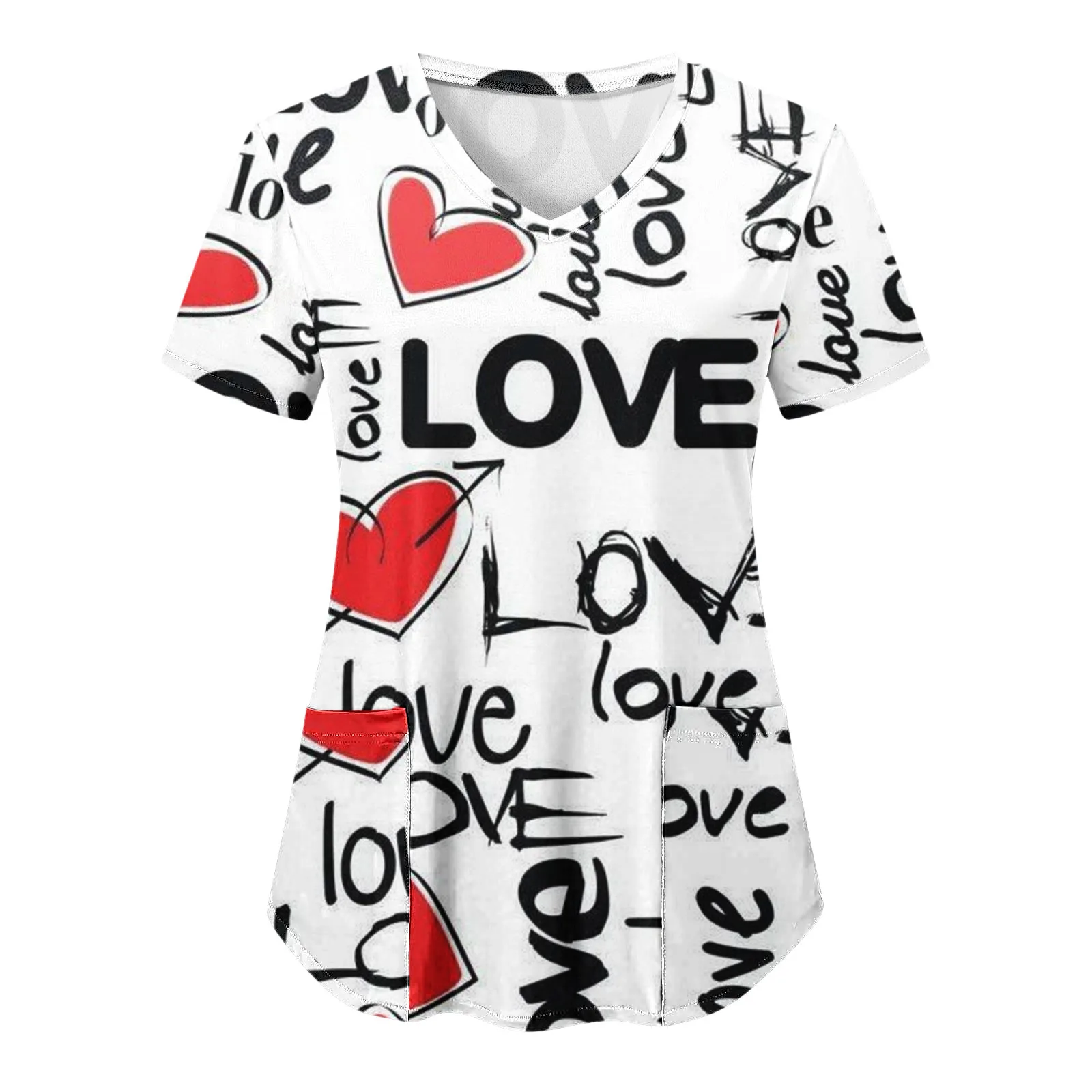 

Love Heart Print Nurse Uniform Women Scrubs Short Sleeve V-neck Tops Working Medicals Uniform Valentines Day T-shirt Accessories