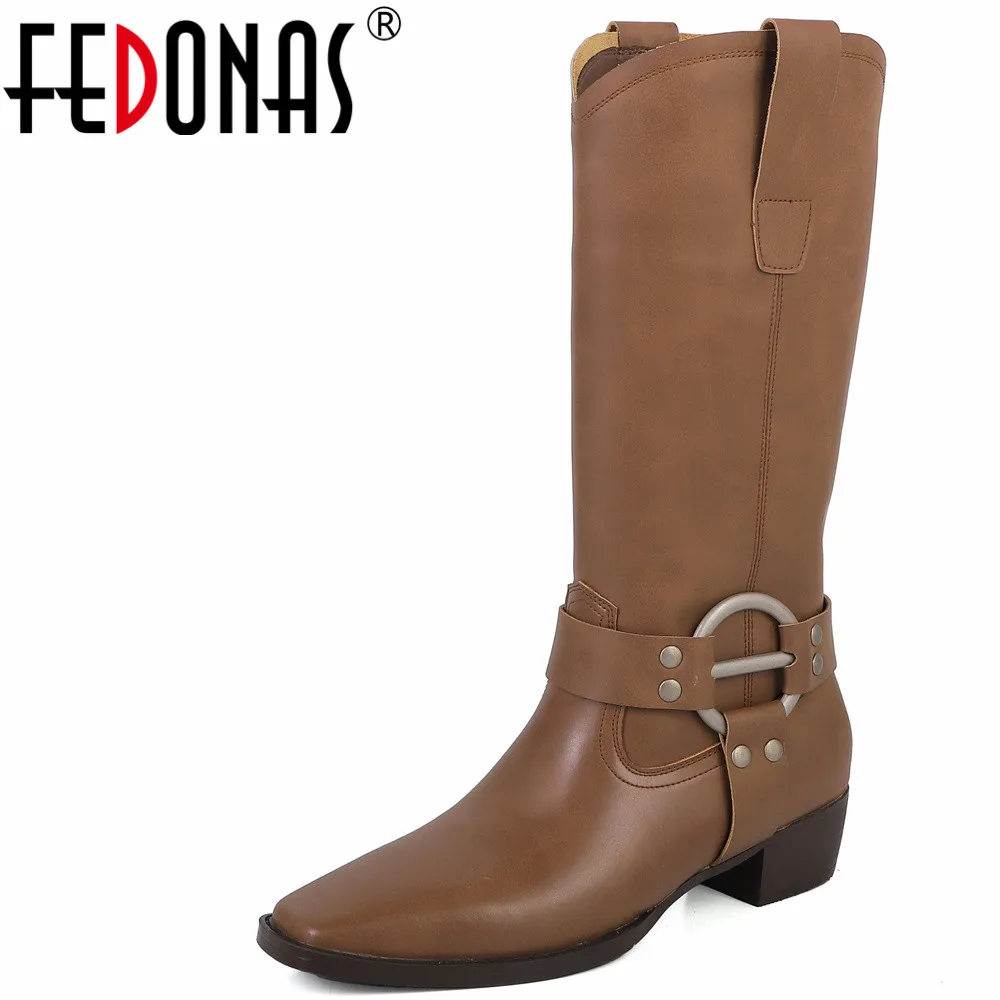 

FEDONAS Vintage Women Mid-Calf Boots Autumn Winter New Arrival Genuine Leather Shoes Woman Thick Heels Retro Style Office Lady