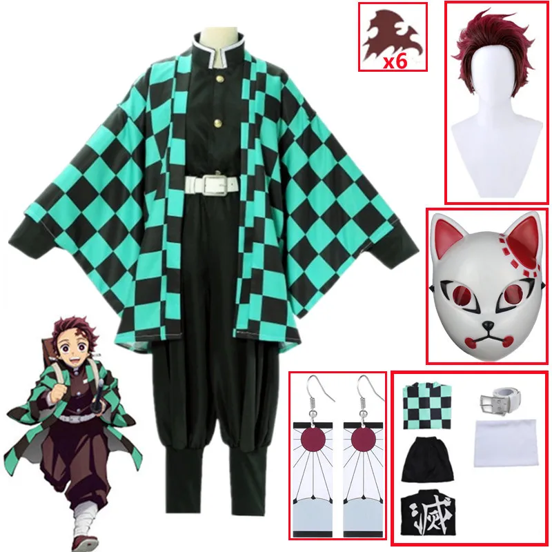 

Demon Slayers Kimetsu no Yaiba Tanjirou Kamado Cosplay Costume Kimono Cloak Halloween Party Anime Clothes Uniform Set