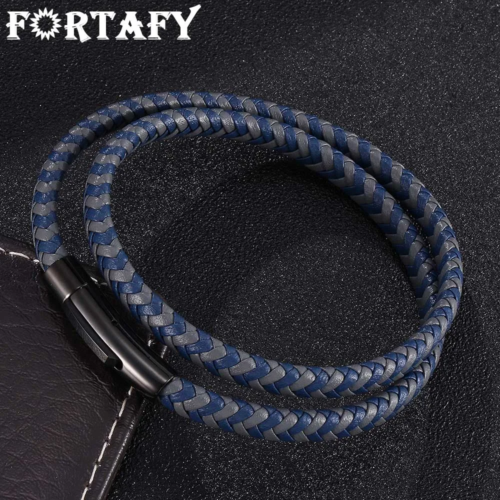 

FORTAFY Women Jewelry Gray Blue Multilayer Braided Leather Bracelet Stainless Steel Buckle Fashion Leather Bangles Gift FR0493