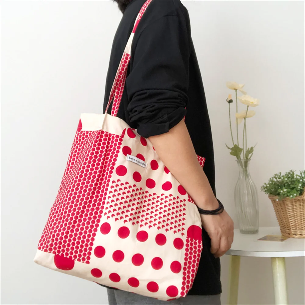 

Retro Literary Canvas Bag Women Red polka dots Shoulder Bag Ulzzang Line Shopping Bag Shopper Ladies Reusable Hand Bags Tote Bag