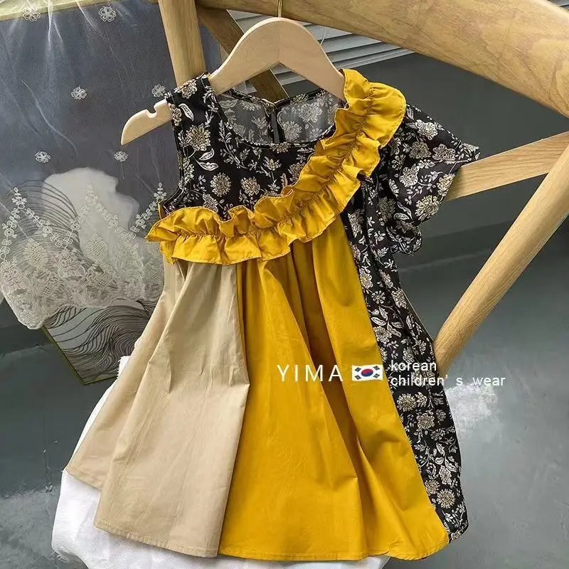 

Children's Clothing Summer 2022 Girls Color-Matching Dress Children's Wooden Ear Floral Skirt Children's Baby Vest Skirt