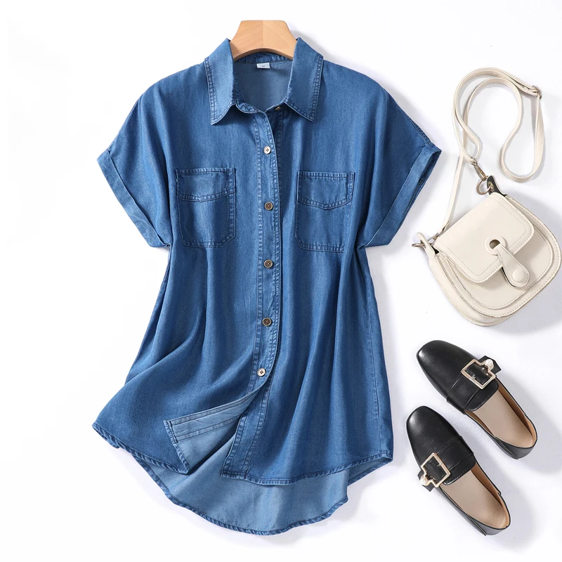 

Casual Solid Turn Down Collar Loose Blouse Fashion Single Breasted Short Sleeve Denim Shirt 2023 Summer Pocket Tops Blusas 27761