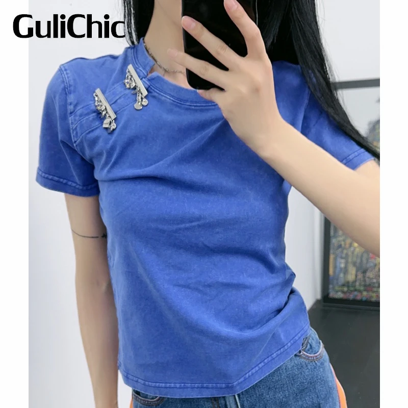 

7.20 GuliChic Women Chic Casual Decoration Tee Short Sleeve Slim Solid Color Cotton T-Shirt