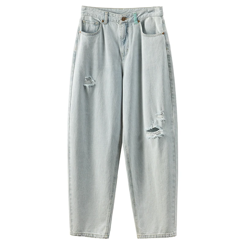 

2023 100% Cotton Ripped Jeans for Women Full Length HIGH LOOSE Harem Pants High Street Zipper Fly Pantalon Pour Femme