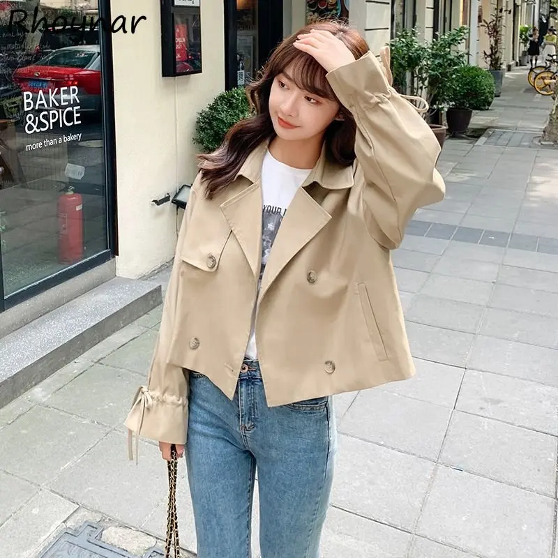 Cropped Trench Women Coats Elegant Baggy Temper S-3XL Vintage Notched Double Breasted Windproof Long Sleeve Spring Kpop Fashion