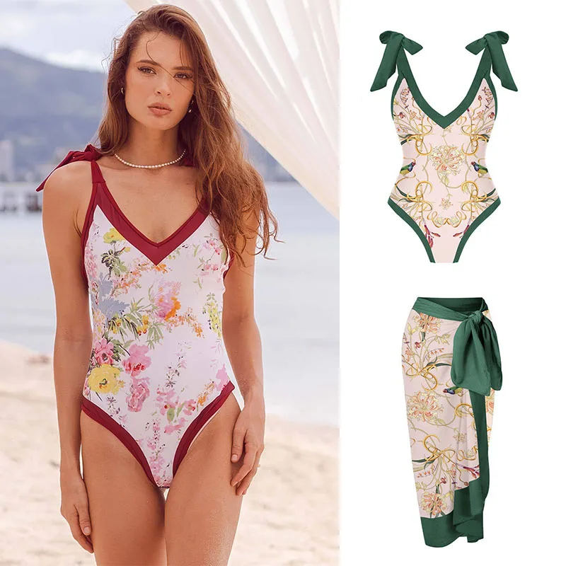 

Women Push Up Swimwear One-piece Beach Bathing Suit Fashion Print 2023 Summer Female Sexy One Piece Swimsuit+Skirt Set