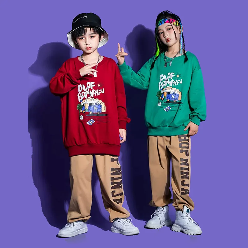 Kid Hip Hop Clothing Print Sweatshirt Top Khaki Casual Street Jogger Pants for Girl Boy Jazz Dance Costume Clothes Outfits Set