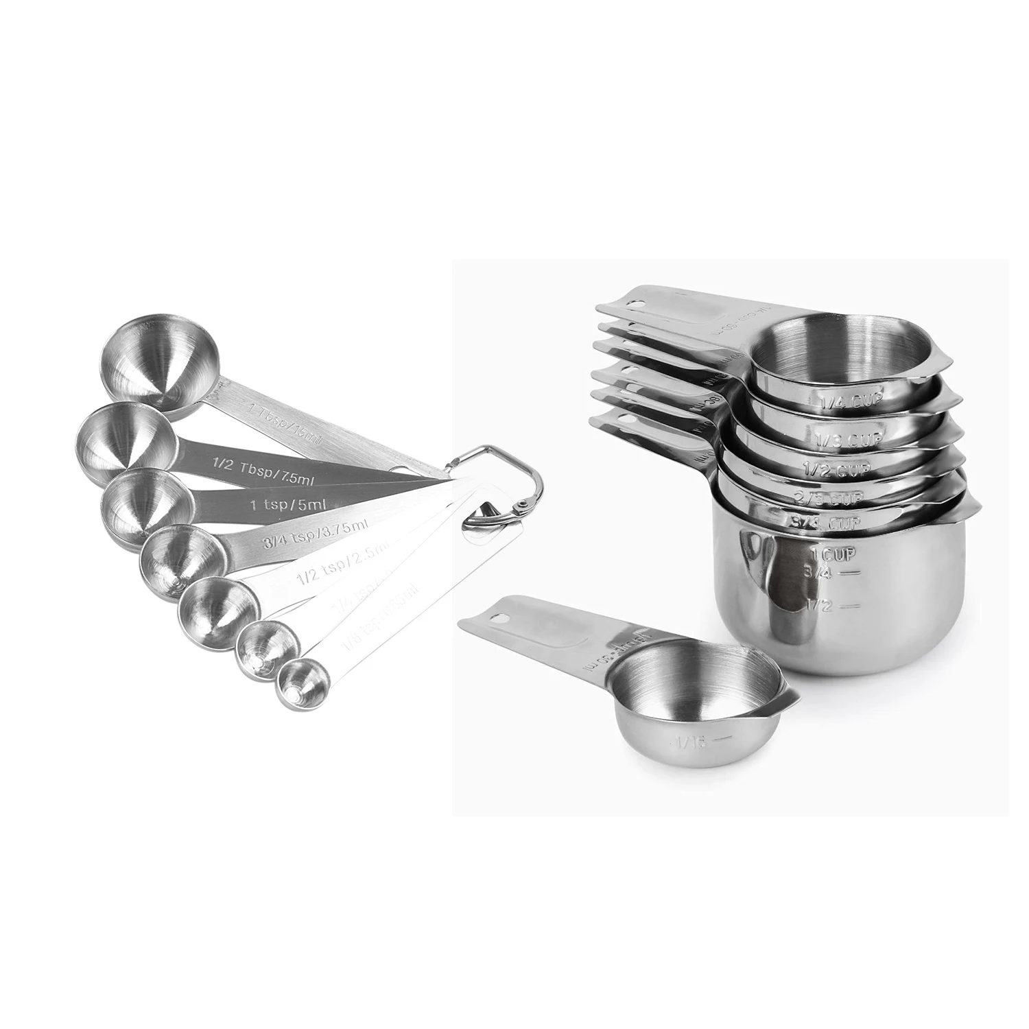 

2 Set Measuring Cups Set Of 7 With 1/8 Cup Coffee Scoop, Stainless Steel Metal Measuring Cup, 7 Piece Stackable Set With Spout -