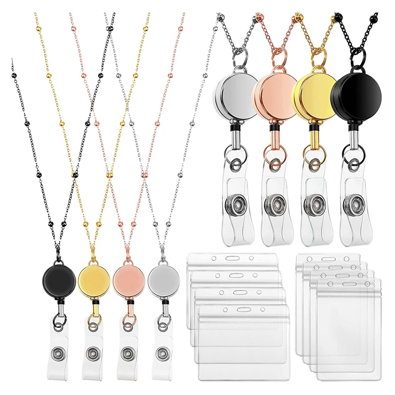 

4 Piece Retractable Badge Reels Lanyard ID Holder Badge Lanyard Name Card Holder Lanyards For ID Badge Holder Necklace